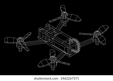 FPV Drone Racing freestyle sport flight. Hobby toys. Wireframe low poly mesh vector illustration.