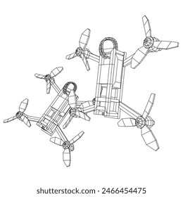 FPV Drone Racing freestyle sport flight. Hobby toys. Wireframe low poly mesh vector illustration.