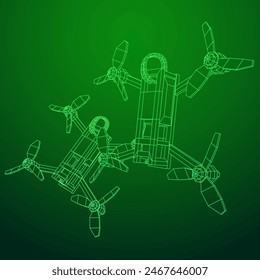 FPV Drone Racing freestyle sport flight. Hobby toys. Wireframe low poly mesh vector illustration.