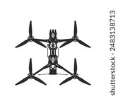 FPV drone top view. Modern bomber black silhouette. Wireless weapon isolated drawing. Military aerial robot. Vector illustration