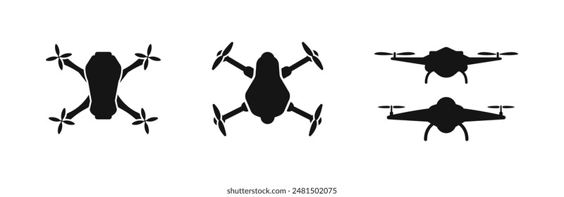 Fpv drone vector silhouette icons. Quadrocopter air drones icon set.