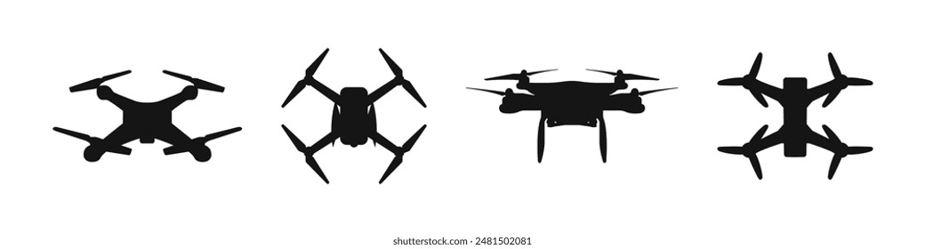 Fpv drone vector silhouette icons. Quadrocopter air drones icon set.