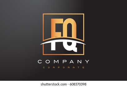 FQ F Q Golden Letter Logo Design with Swoosh and Rectangle Square Box Vector Design.