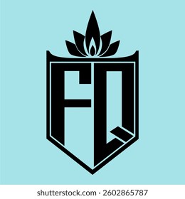 FQ Logo featuring a minimalist design with a crown-like flower symbol on top, bold black elements, and a soft blue background, perfect for branding and modern visual identity.