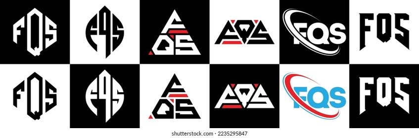 FQS letter logo design in six style. FQS polygon, circle, triangle, hexagon, flat and simple style with black and white color variation letter logo set in one artboard. FQS minimalist and classic logo