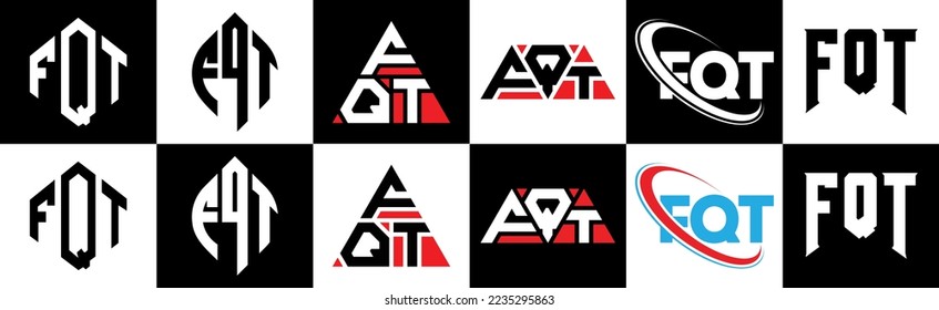 FQT Brief Logo Design in sechs Stil. FQT Polygon, Kreis, Dreieck, Hexagon, flacher und einfacher Stil mit schwarz-weißem Farbänderungslogo in einem Zeichenbrett. FQT minimalistisches und klassisches Logo