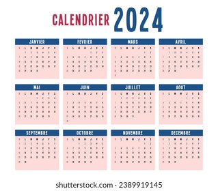 fr 2024 Yearly Calendar Printable,  calendar showing months for the year 2024, french calendar, calendrier français