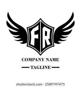 FR A bold winged shield emblem with customizable initials A-Z. Sleek black-and-white vector, perfect for branding, sports teams, motorcycle clubs, gaming,apparel and High-quality
