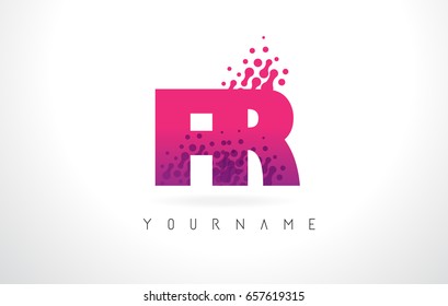FR F R Letter Logo with Pink Letters and Purple Color Particles Dots Design.