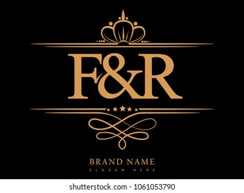 F&R Initial logo, Ampersand initial logo gold with crown and classic pattern