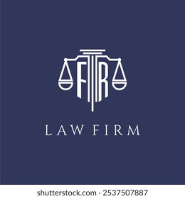 FR monograma inicial para o logotipo de escritório de advocacia com imagem vetorial de escalas