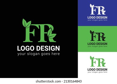 Letras FR ecologo con hoja. Tipo de vectores para carteles de la naturaleza, emblema ecológico, identidad vegana, tarjetas botánicas y de hierbas, etc. Logo de letras FR ecológicas con hoja verde.
