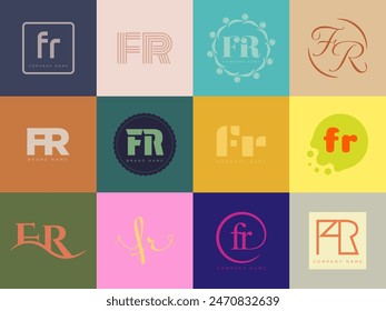 FR logo company template. Letter f and r logotype. Set different classic serif lettering and modern bold text with design elements. Initial font typography. Collection trendy business identity.