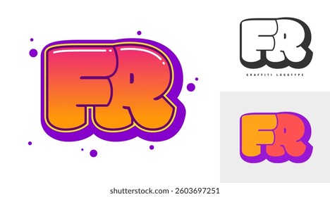 FR logo design for festival or party. Initial letter f and r in graffiti style. Creative modern lettering company name of font typography. Kids trendy logotype or identity. Vector illustration.