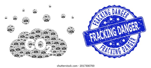 Fracking Danger unclean round seal imitation and vector recursive mosaic CO2 gas emission. Blue stamp seal includes Fracking Danger tag inside circle shape.