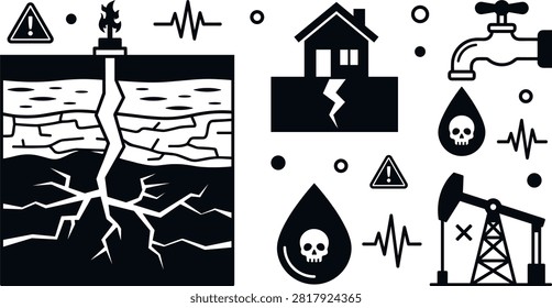 Fracking Environmental Impact Icon Set Featuring Hydraulic Fracturing Earthquakes, Contaminated Tap Water, Toxic Skull Water Droplets, House Foundation Cracks, and Oil Pumpjack Vectors.eps