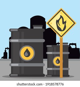 fracking extraction oil barrel tanks flammable substance sign vector illustration