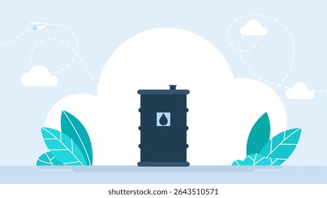 Fracking extraction production oil barrel petroleum. Oil industry. Black barrels with oil drop label on spilled puddle of crude. Black liquid oil steel black barrel. Vector illustration