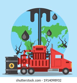 Fracking Oil Industry Exploration Production Drilling World Vector Illustration