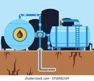 Fracking Oil Industry Machinery Pump And Pipeline Exploration Vector Illustration