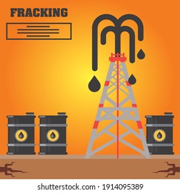 fracking refinery tower, barrels with oil production vector illustration