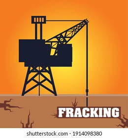 fracking tower with cabin and oil drill underground vector illustration