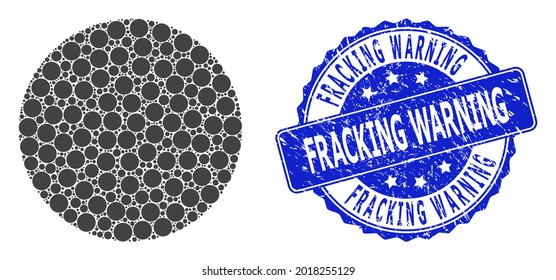 Fracking Borde advertencia reborde redondeado y círculo lleno de mosaicos fractales vectoriales. La marca azul incluye la etiqueta Aviso de fragmentación hidráulica dentro de la forma redonda. El mosaico vectorial se organiza a partir de iconos de círculo rellenos de repetición.