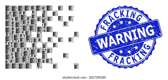 Fracking Warning scratched round stamp seal and vector fractal mosaic dissolving pixels. Blue stamp seal has Fracking Warning tag inside round shape.