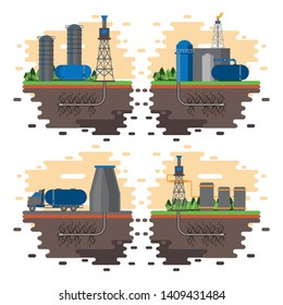 Fracking zone and oil industry emblems set of emblems vector illustration graphic design