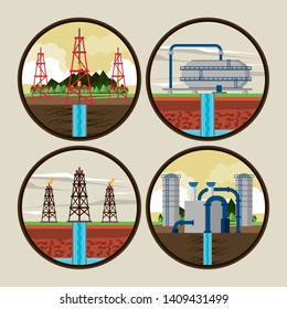 Fracking zone and oil industry set of round emblems vector illustration graphic design