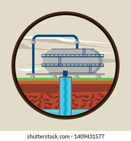 Fracking zone, oil pump extracting petroleum from suboil with pipes. round icon vector illustration graphic design