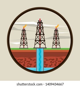 Fracking zone, oil pump extracting petroleum from suboil with pipes. round icon vector illustration graphic design