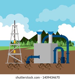 Fracking zone, oil pump extracting petroleum from suboil with pipes. round icon vector illustration graphic design