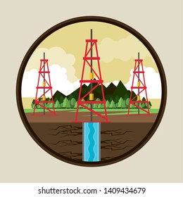 Fracking zone, oil pump extracting petroleum from suboil with pipes. round icon vector illustration graphic design