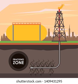 Fracking zone, oil pump with tank extracting petroleum from suboil with pipes. vector illustration graphic design