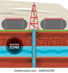 Fracking zone, oil pump with tank extracting petroleum from suboil with pipes. vector illustration graphic design