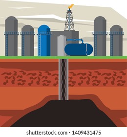 Fracking zone, oil pump with tank extracting petroleum from suboil with pipes. vector illustration graphic design