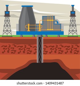 Fracking zone, oil pump with tank extracting petroleum from suboil with pipes. vector illustration graphic design