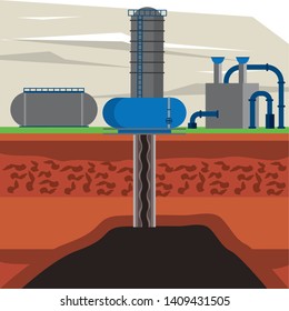 Fracking zone, oil pump with tank extracting petroleum from suboil with pipes. vector illustration graphic design