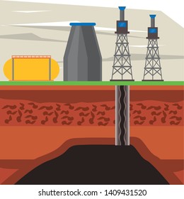 Fracking zone, oil pump with tank extracting petroleum from suboil with pipes. vector illustration graphic design