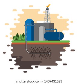 Fracking zone, oil pump with tank extracting petroleum from suboil with pipes. vector illustration graphic design
