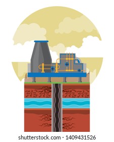 Fracking zone, oil pump with tank extracting petroleum from suboil with pipes. round icon vector illustration graphic design