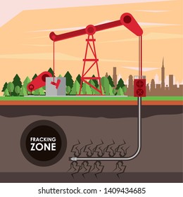 Fracking zone, oil pump with tank extracting petroleum from suboil with pipes. vector illustration graphic design