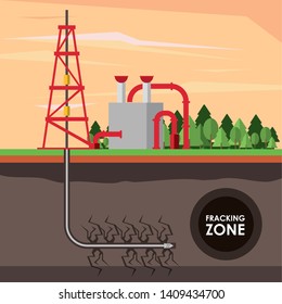 Fracking zone, oil pump with tank extracting petroleum from suboil with pipes. vector illustration graphic design
