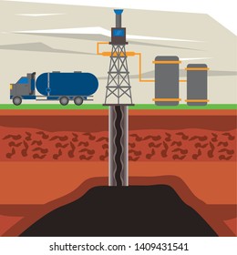 Fracking zone, oil pump and truck with tank extracting petroleum from suboil with pipes. vector illustration graphic design