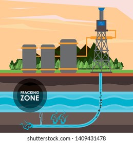 Fracking zone, oil pump with water tank extracting petroleum from suboil with pipes. vector illustration graphic design