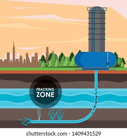 Fracking zone, oil pump with water tank extracting petroleum from suboil with pipes. vector illustration graphic design