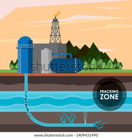 Fracking zone, oil pump with water tank extracting petroleum from suboil with pipes. vector illustration graphic design