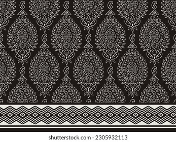 FRACTAL ART DESIGN MONOCHROME ABSTRACT TILE BLOCK PRINT SEAMLESS PATTERN WITH BORDER IN VECTOR