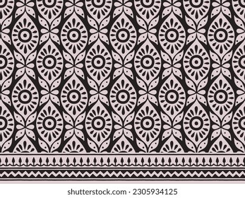 FRACTAL ART DESIGN MONOCHROME ABSTRACT TILE BLOCK PRINT SEAMLESS PATTERN WITH BORDER IN VECTOR